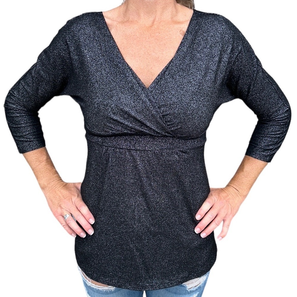 Express | Metallic Shimmer Blouse Deep V-neck‎ 3/4 Sleeve Black/Silver S